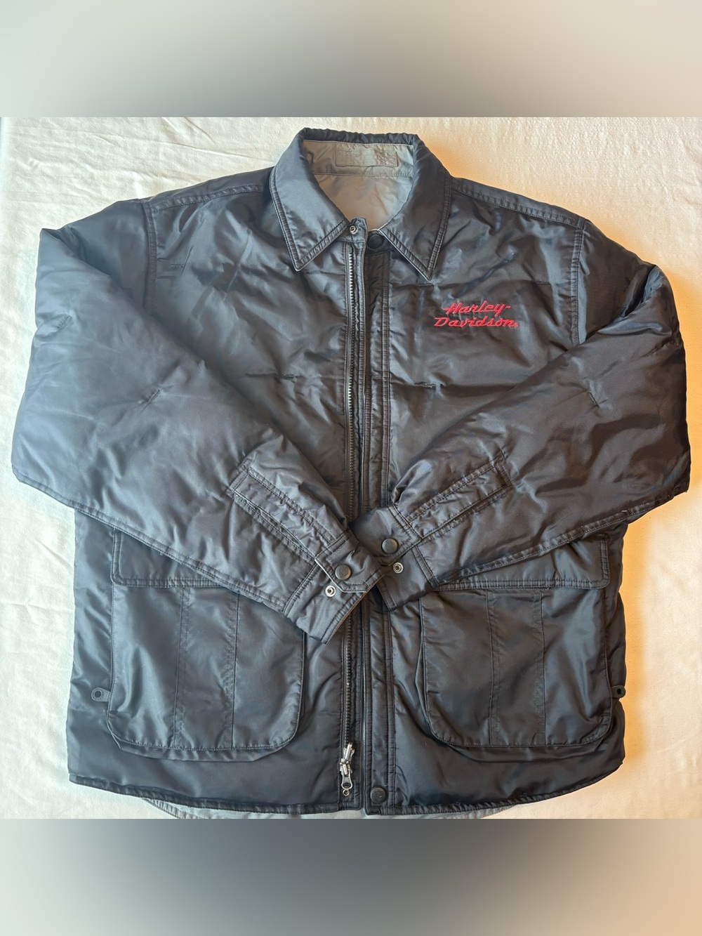 Vintage Harley Davidson Men’s Reversible Black and Gray Nylon Puffer Jacket- XL